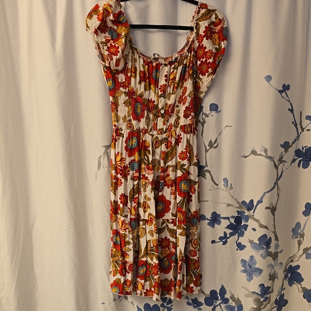Vibrant Floral Midi Dress with Ruffle Sleeves